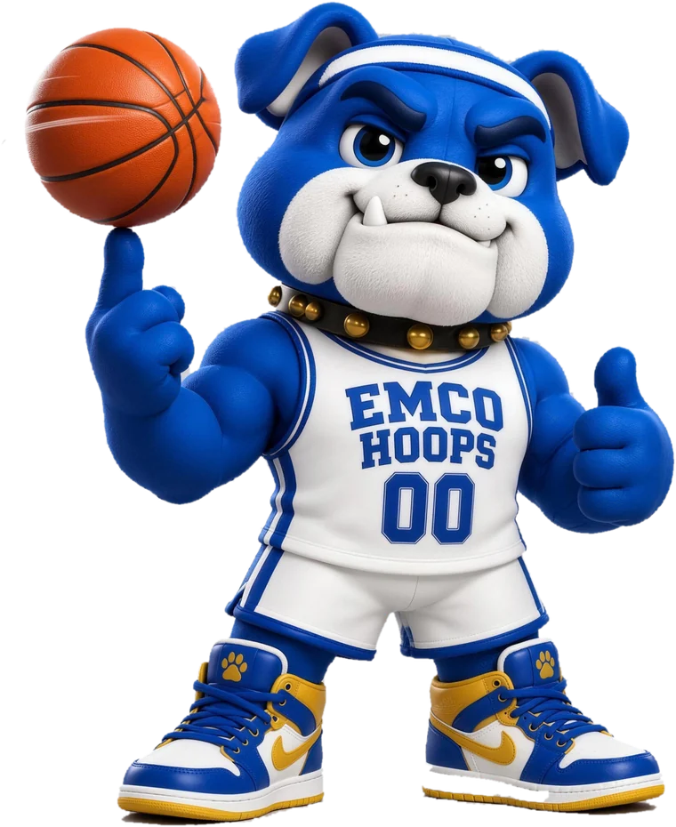 EMCO Hoops bulldog mascot spinning a basketball